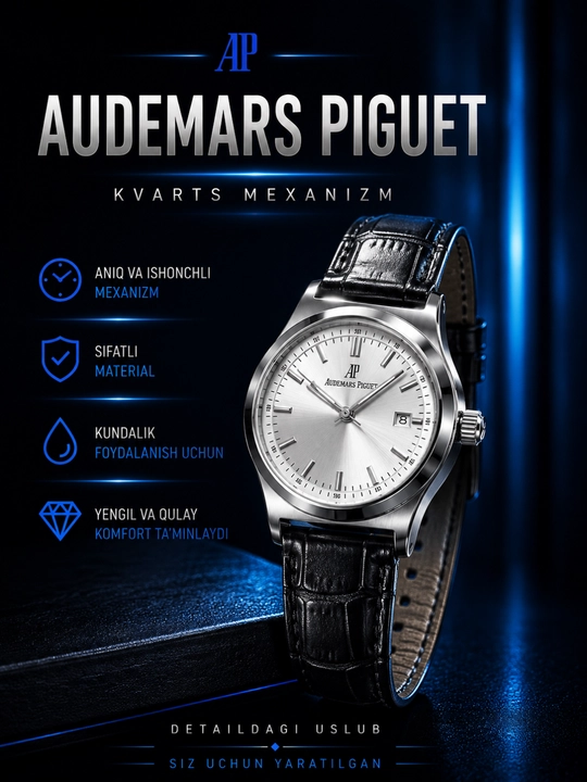 Erkaklar qo'l soati Audemars Piguet. Kvars mexanizmli soat erkaklar uchun, charm tasmali - 