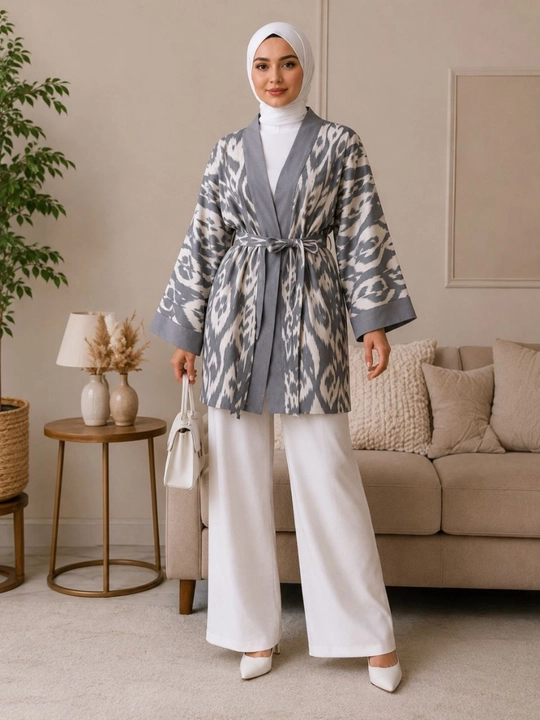 Ayollar poncho kardigan3 oversize, 48–56, milliy ikat naqshli, belbog‘li kimono