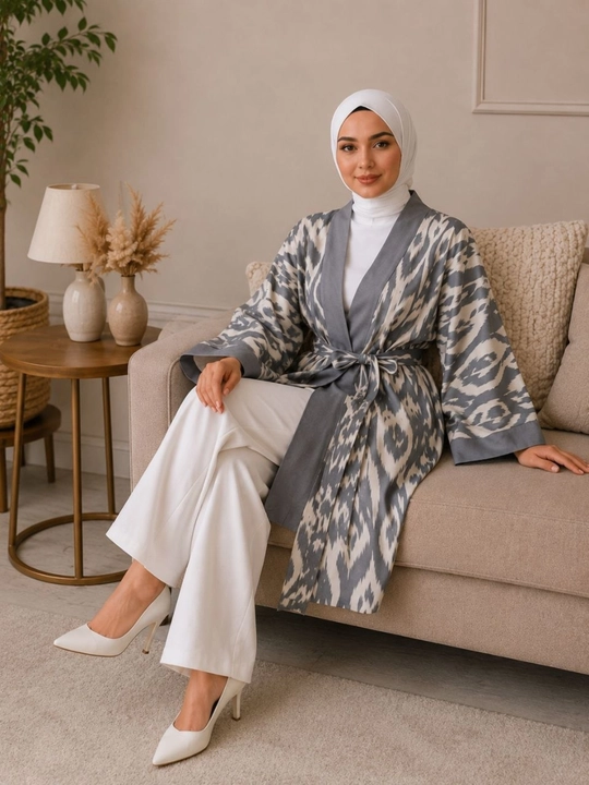 Ayollar poncho kardigan3 oversize, 48–56, milliy ikat naqshli, belbog‘li kimono