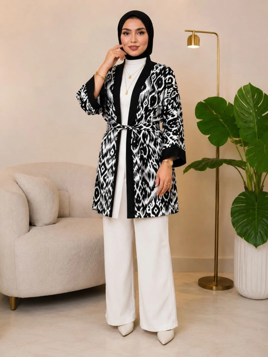 Ayollar poncho kardigan3 oversize, 48–56, milliy ikat naqshli, belbog‘li kimono