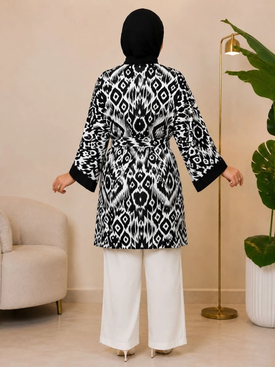 Ayollar poncho kardigan3 oversize, 48–56, milliy ikat naqshli, belbog‘li kimono