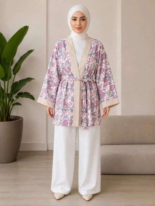 Ayollar poncho kardigan3 oversize, 48–56, milliy ikat naqshli, belbog‘li kimono