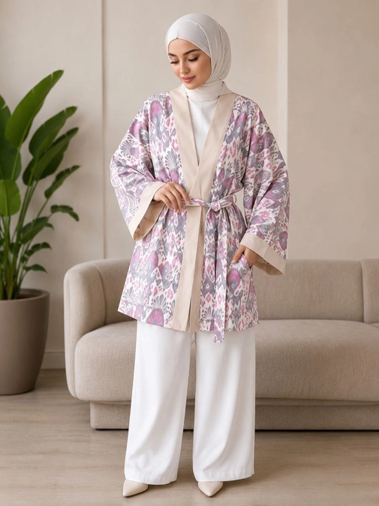 Ayollar poncho kardigan3 oversize, 48–56, milliy ikat naqshli, belbog‘li kimono