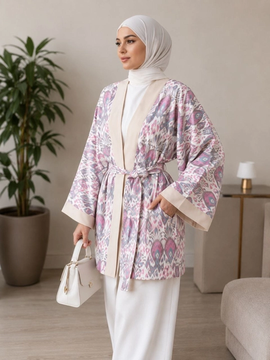 Ayollar poncho kardigan3 oversize, 48–56, milliy ikat naqshli, belbog‘li kimono