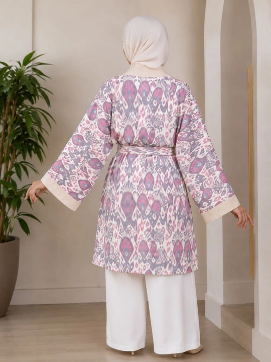 Ayollar poncho kardigan3 oversize, 48–56, milliy ikat naqshli, belbog‘li kimono