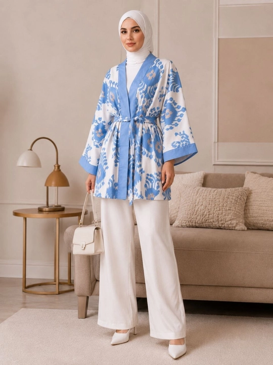 Ayollar poncho kardigan3 oversize, 48–56, milliy ikat naqshli, belbog‘li kimono