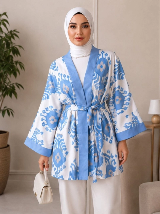 Ayollar poncho kardigan3 oversize, 48–56, milliy ikat naqshli, belbog‘li kimono