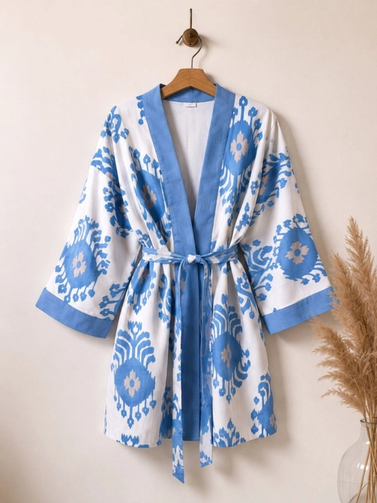 Ayollar poncho kardigan3 oversize, 48–56, milliy ikat naqshli, belbog‘li kimono