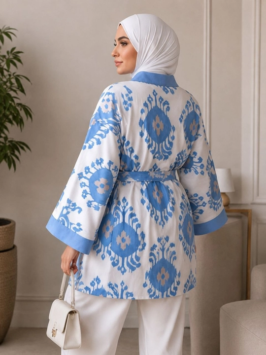 Ayollar poncho kardigan3 oversize, 48–56, milliy ikat naqshli, belbog‘li kimono