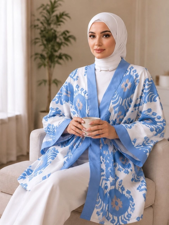 Ayollar poncho kardigan3 oversize, 48–56, milliy ikat naqshli, belbog‘li kimono