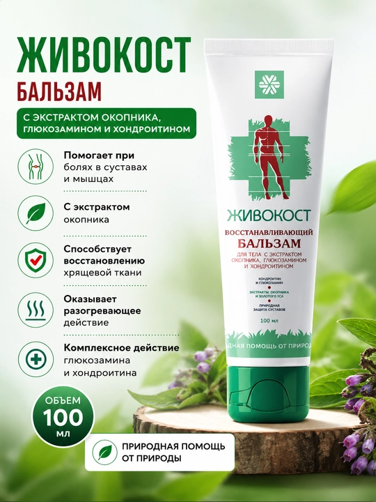 Jivokost, okopnik ekstrakti, glyukozamin va xondroitinli balzam, 100 ml - 