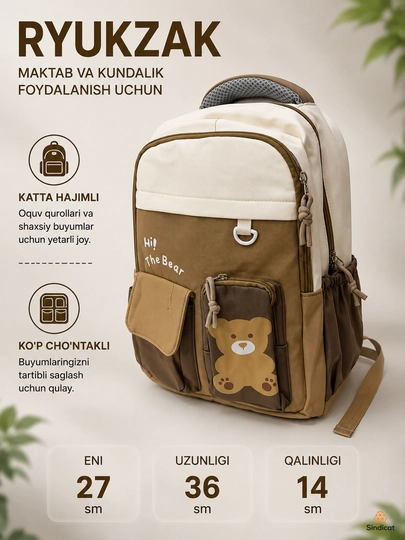 Bolalar va o'smirlar uchun ryukzak, maktab va kundalik foydalanish sumkasi, turli ranglarda - 