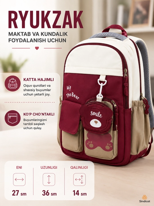 Bolalar va o'smirlar uchun ryukzak, maktab va kundalik foydalanish sumkasi, turli ranglarda - 