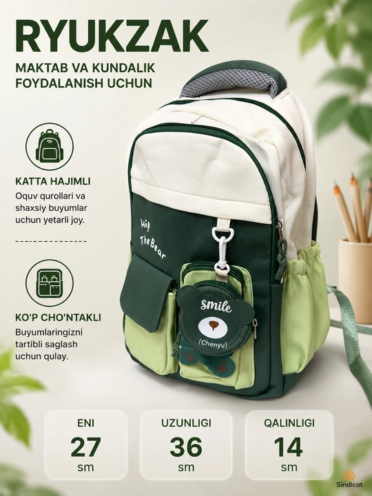 Bolalar va o'smirlar uchun ryukzak, maktab va kundalik foydalanish sumkasi, turli ranglarda - 