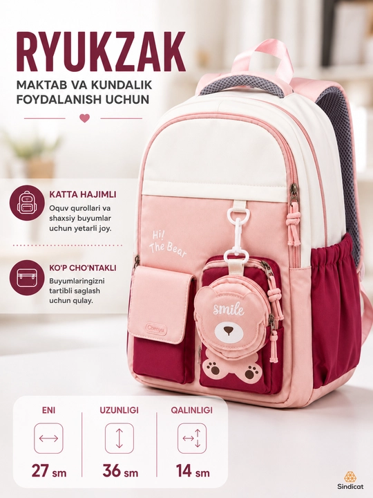 Bolalar va o'smirlar uchun ryukzak, maktab va kundalik foydalanish sumkasi, turli ranglarda - 