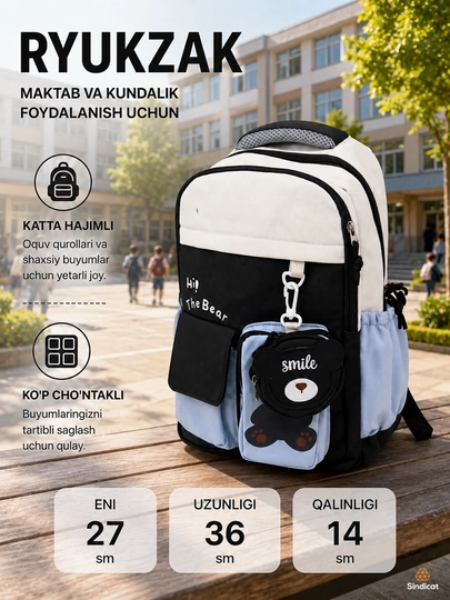 Bolalar va o'smirlar uchun ryukzak, maktab va kundalik foydalanish sumkasi, turli ranglarda - 