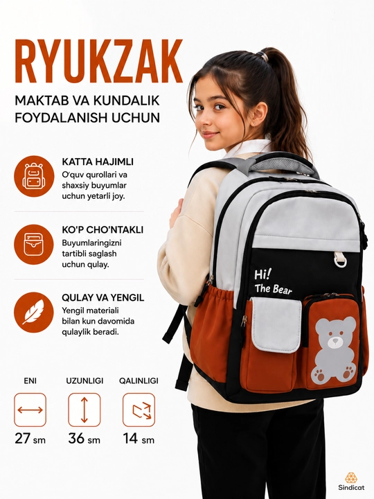 Bolalar va o'smirlar uchun ryukzak, maktab va kundalik foydalanish sumkasi, turli ranglarda - 