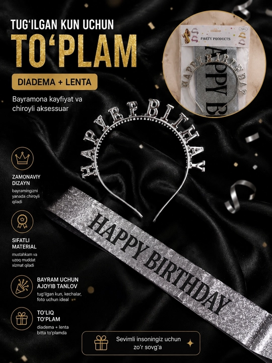 Bosh tasma va lenta to'plami "HAPPY BIRTHDAY ziyofat bosh kiyimlari