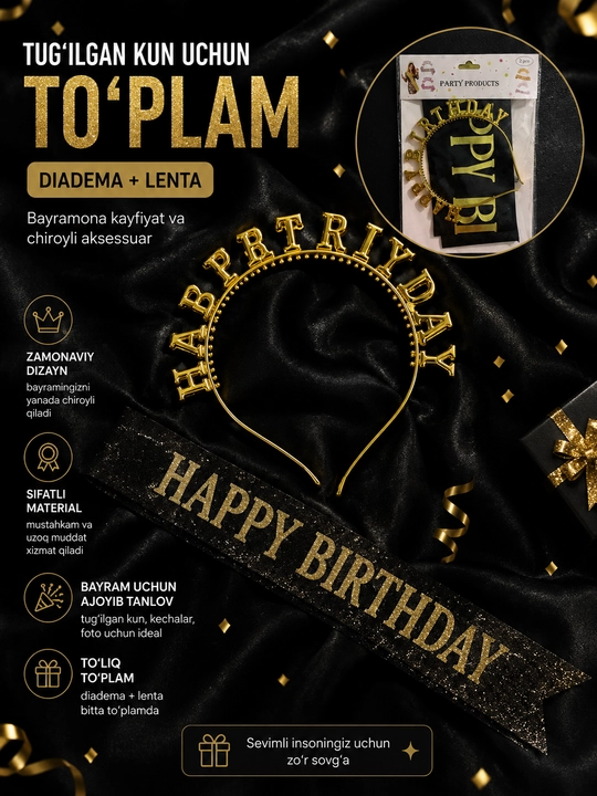 Bosh tasma va lenta to'plami "HAPPY BIRTHDAY ziyofat bosh kiyimlari