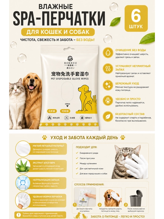 Влажные перчатки, для кошек и собак, безводное очищение, устранение неприятного запаха, 6 шт