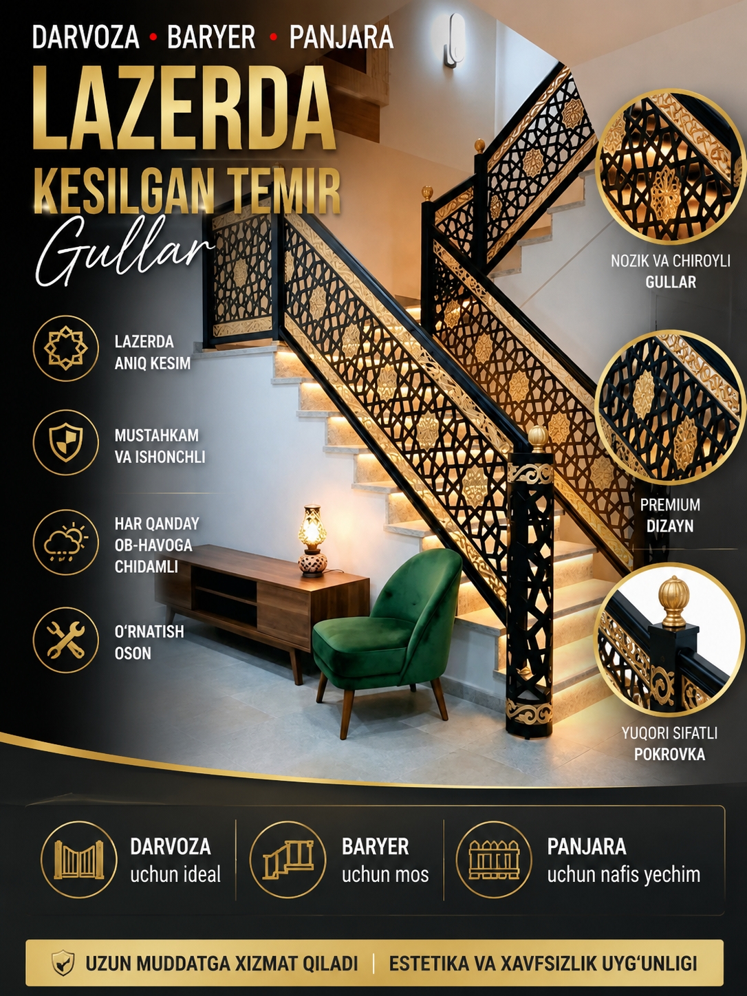 Zinalar, panjaralar, tomorqa to'siqlari uchun lazerda kesilgan temir gullar - 