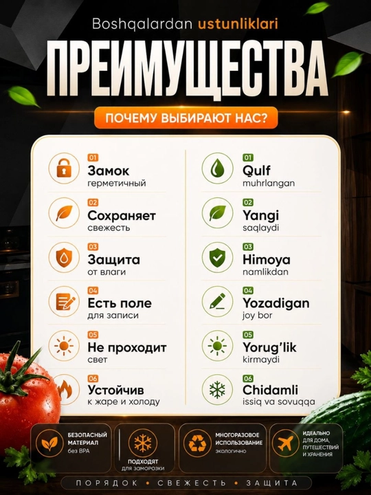 Zip paketlar, muzlatish, saqlash uchun paketlar, ko‘p martalik,10 dona, 3 o‘lchamli
