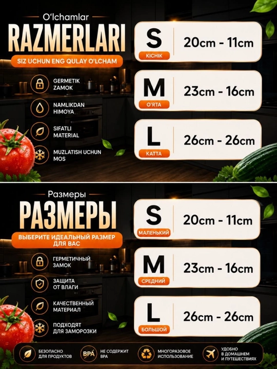 Zip paketlar, muzlatish, saqlash uchun paketlar, ko‘p martalik,10 dona, 3 o‘lchamli