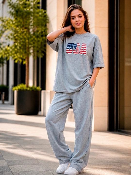 Ayollar uchun oversize ikki qismli sport kostyum USA print, qulay casual to'plam, 46-54