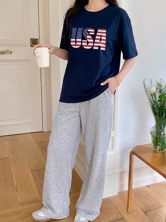 Ayollar uchun oversize ikki qismli sport kostyum USA print, qulay casual to'plam, 46-54