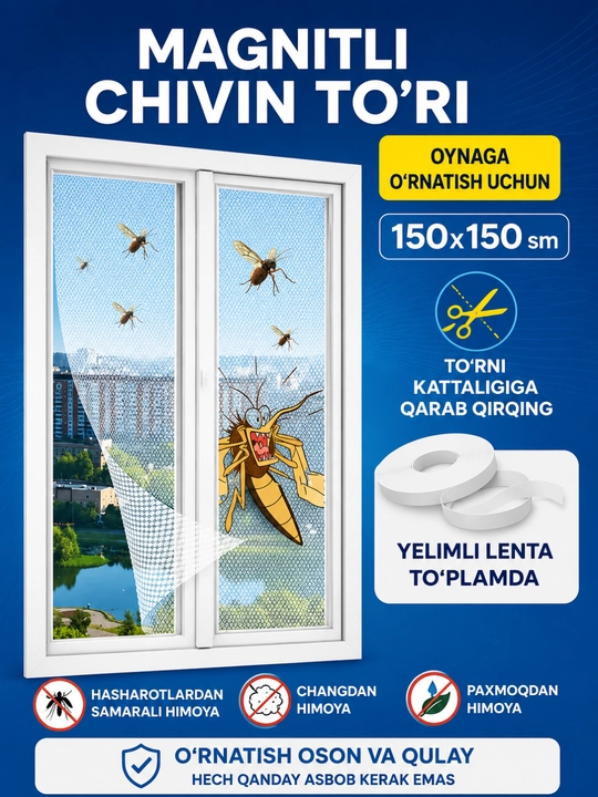 Pashshaxona Magnitli eshik uchun moskit to'ri, chivinga qarshi parda, 100x210 sm - 