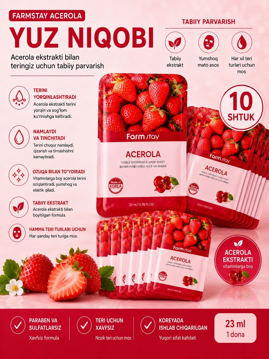 Farmstay Aloe Vera va Acerola yuz niqobi – namlovchi, tinchlantiruvchi va yorqinlashtiruv - 