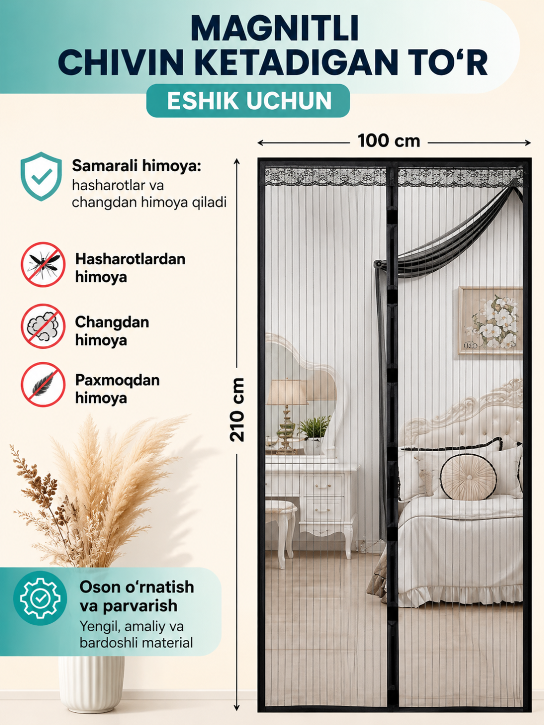Pashshaxona Magnitli eshik uchun moskit to'ri, chivinga qarshi parda, 100x210 sm - 