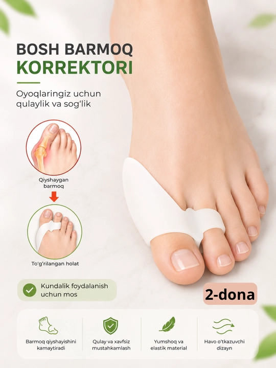 Hallux Valgus uchun ortopedik bosh barmoq korrektori, silikon barmoq fiksatori, 2 dona