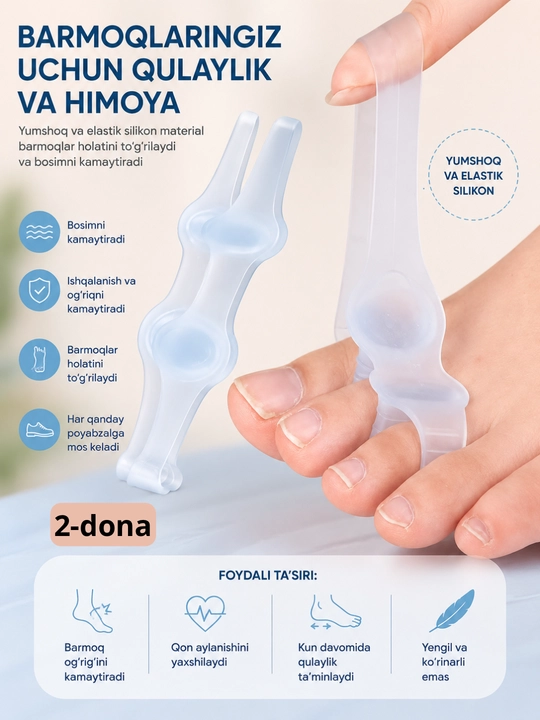 Hallux Valgus uchun ortopedik bosh barmoq korrektori, silikon barmoq fiksatori, 2 dona