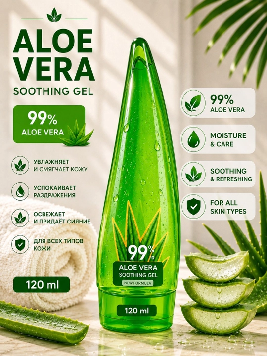 Aloe Vera 99% geli, 120ml - teri uchun namlantiruvchi, tinchlantiruvchi va sovutuvchi gel