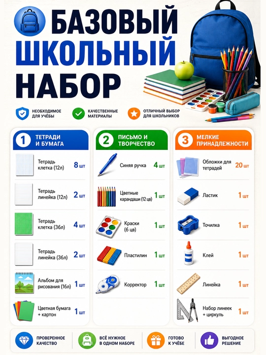 Набор школьных принадлежностей для 1-4, 5-11 классов, тетрадь, ручка, краска