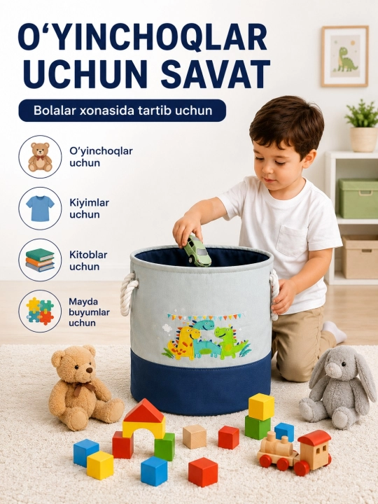 O‘yinchoqlarni saqlash uchun mato savat bolalar uchun yig‘ma savat - 