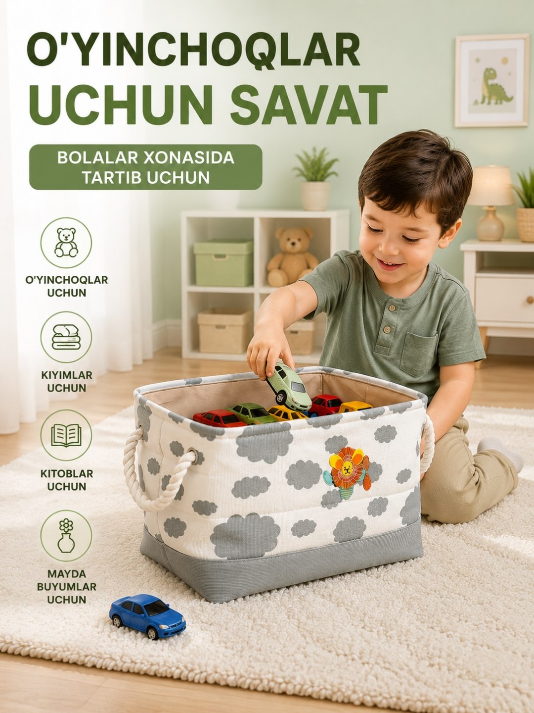 O‘yinchoqlarni saqlash uchun mato savat bolalar uchun yig‘ma savat - 