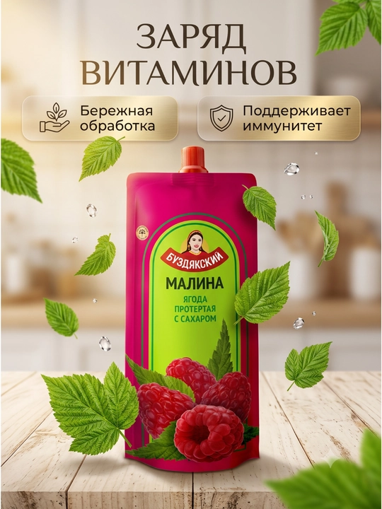 Малина протертая, с сахаром, 280 г, Дой-пак