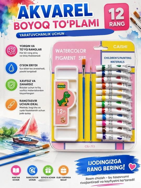 Talabalar uchun akril bo‘yoqlar to‘plami, 12 dona, 12 ml