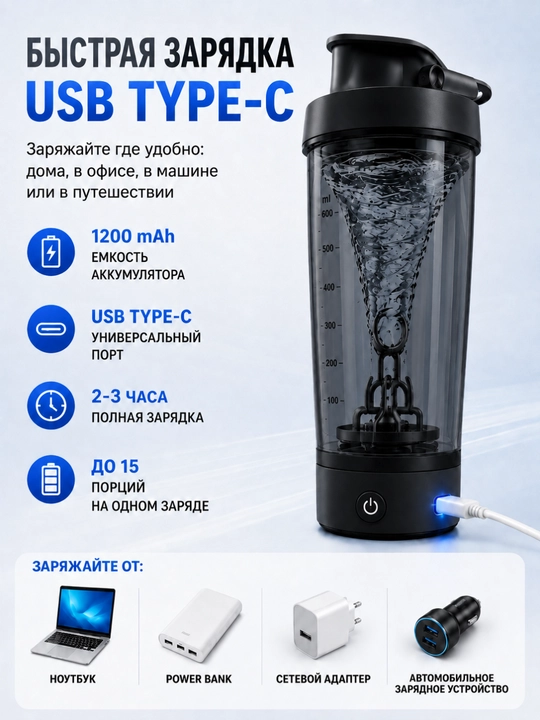 Elektr sheyker 600 ml, protein va sport proteinlari uchun, USB Type-C