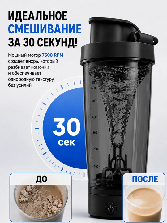 Elektr sheyker 600 ml, protein va sport proteinlari uchun, USB Type-C