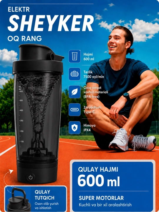 Elektr sheyker 600 ml, protein va sport proteinlari uchun, USB Type-C