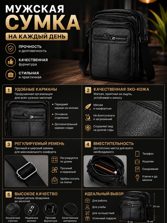 Erkaklar uchun maktab sumkasi, eko-charm, ko‘p cho‘ntakli, kundalik, qora