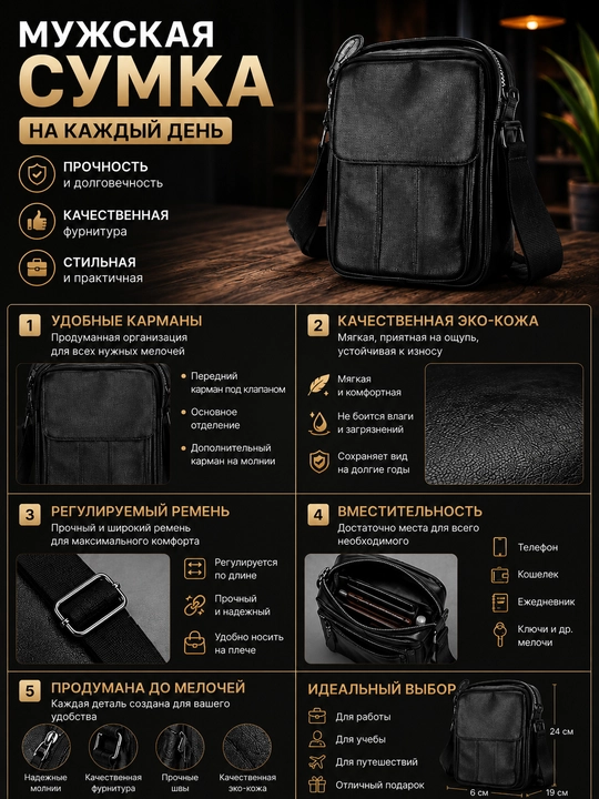 Erkaklar uchun maktab sumkasi, eko-charm, ko‘p cho‘ntakli, kundalik, qora