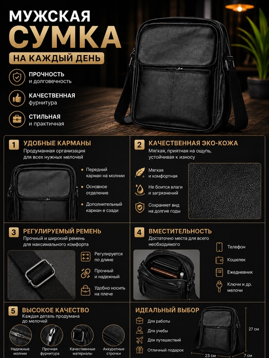 Erkaklar uchun maktab sumkasi, eko-charm, ko‘p cho‘ntakli, kundalik, qora