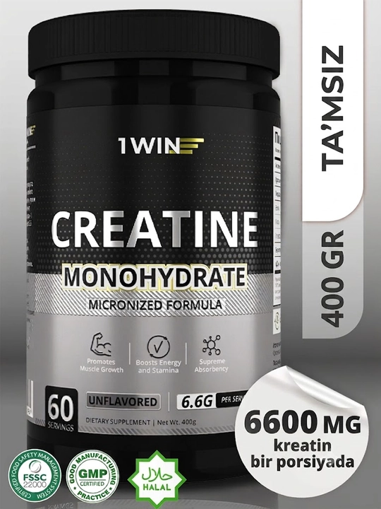 Kreatin monogidrat 1WIN, 400 gr, 60 porsiya, tamsiz - 