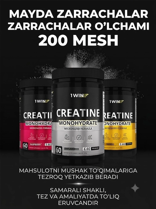 Kreatin monogidrat 1WIN, 400 gr, 60 porsiya, tamsiz