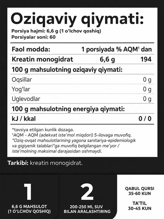 Kreatin monogidrat 1WIN, 400 gr, 60 porsiya, tamsiz