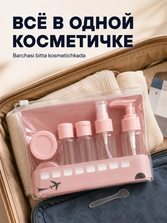 Набор дорожных флаконов для косметики, 6 емкостей с косметичкой, розовый